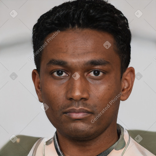 Neutral latino young-adult male with short  black hair and brown eyes