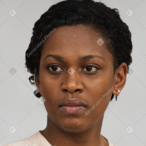 Neutral black young-adult female with short  black hair and brown eyes