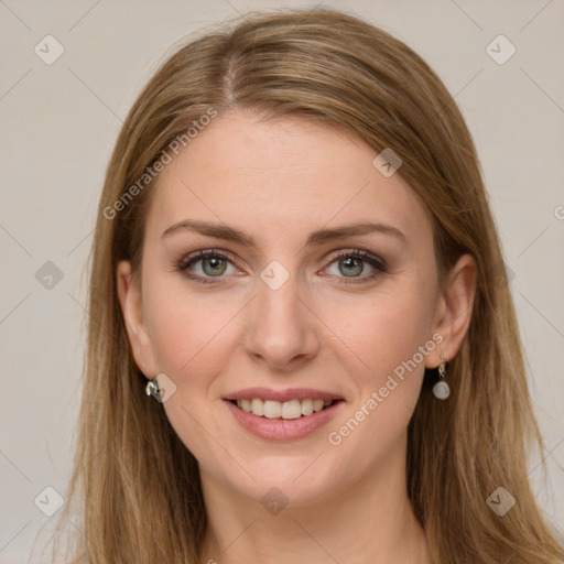 Joyful white young-adult female with long  brown hair and green eyes