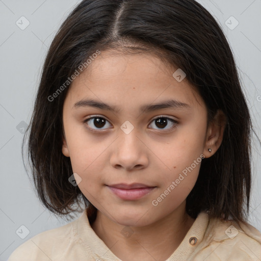 Joyful white child female with medium  brown hair and brown eyes