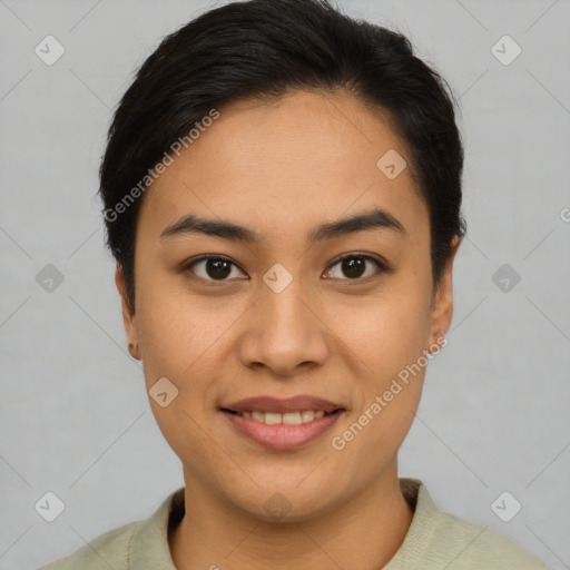 Joyful asian young-adult female with short  brown hair and brown eyes