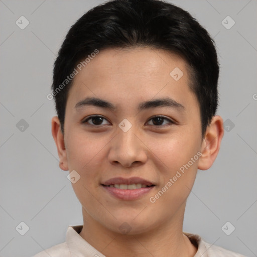 Joyful asian young-adult male with short  brown hair and brown eyes