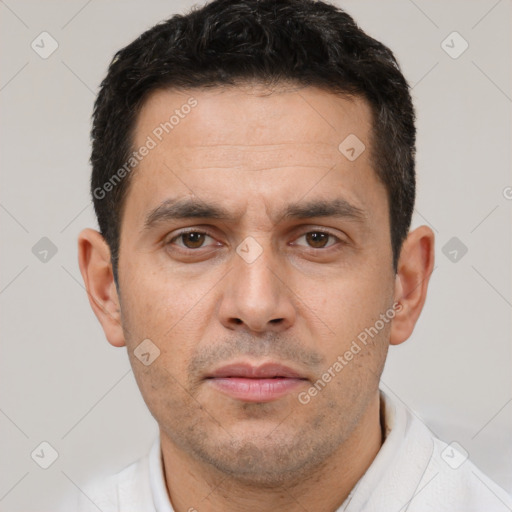 Neutral white adult male with short  black hair and brown eyes