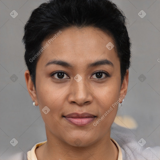 Joyful latino young-adult female with short  black hair and brown eyes