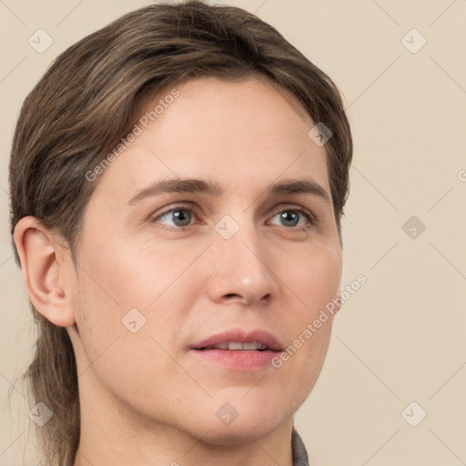 Neutral white young-adult female with short  brown hair and brown eyes