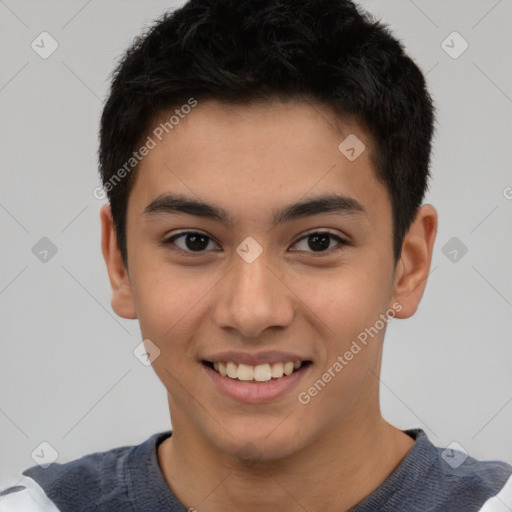 Joyful white young-adult male with short  black hair and brown eyes