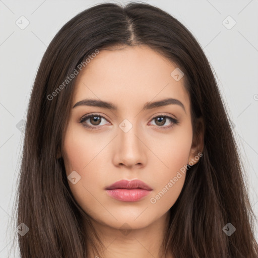 Neutral white young-adult female with long  brown hair and brown eyes