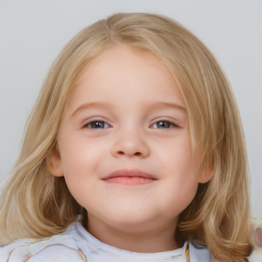 Neutral white child female with medium  brown hair and blue eyes