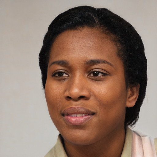 Joyful black young-adult female with medium  black hair and brown eyes