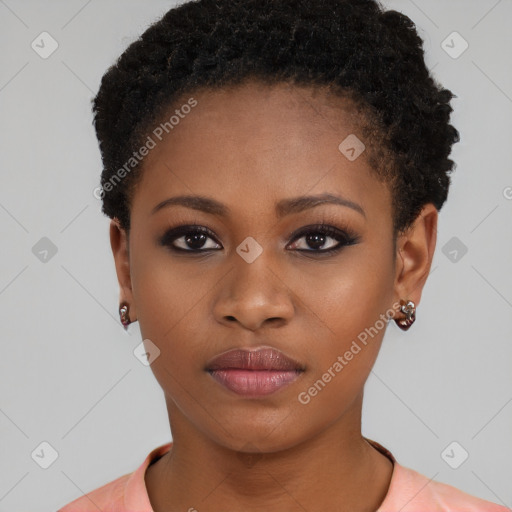 Neutral black young-adult female with short  black hair and brown eyes