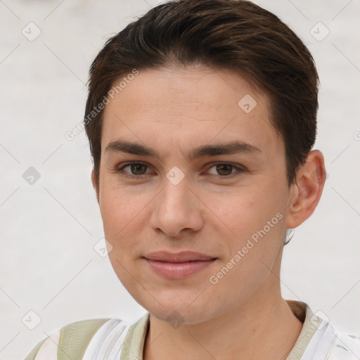 Joyful white young-adult female with short  brown hair and brown eyes