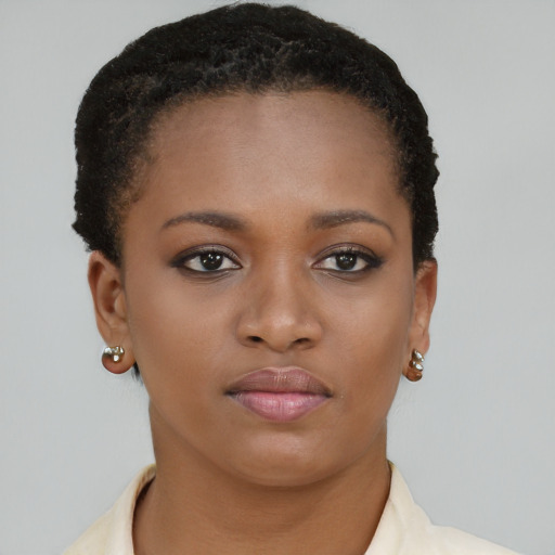 Neutral black young-adult female with short  brown hair and brown eyes