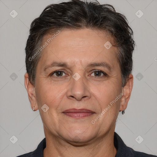 Joyful white middle-aged female with short  brown hair and brown eyes