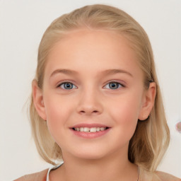 Joyful white child female with medium  brown hair and blue eyes