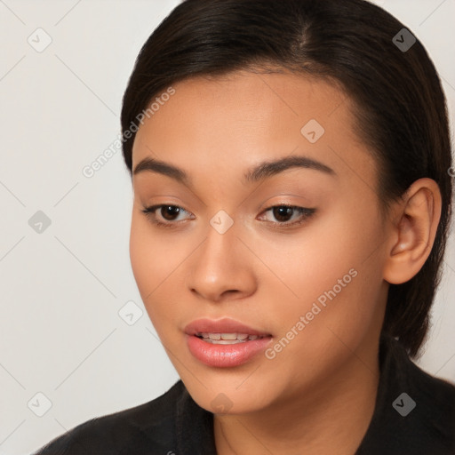 Neutral white young-adult female with long  brown hair and brown eyes