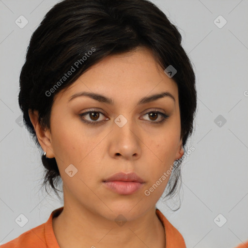 Neutral asian young-adult female with medium  black hair and brown eyes