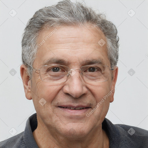 Joyful white middle-aged male with short  gray hair and brown eyes