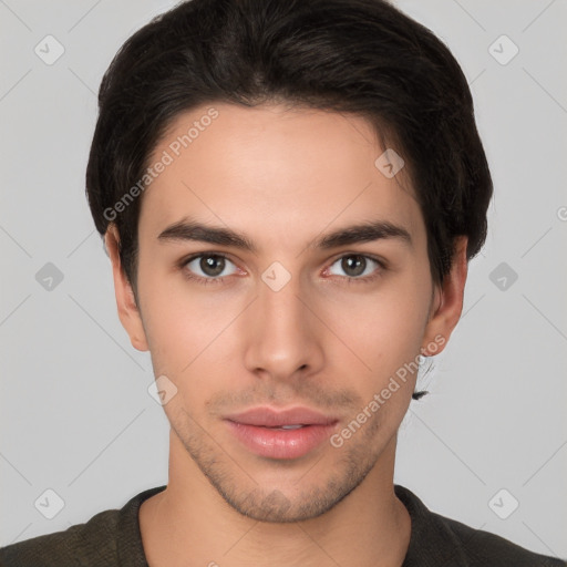 Neutral white young-adult male with short  brown hair and brown eyes