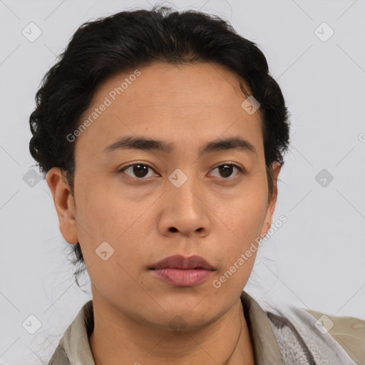 Neutral asian young-adult male with short  brown hair and brown eyes