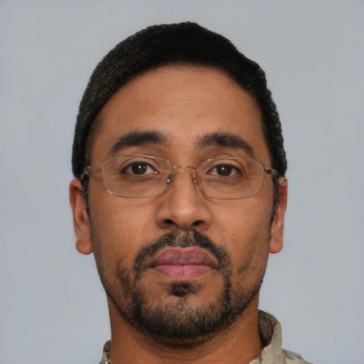 Neutral black adult male with short  black hair and brown eyes