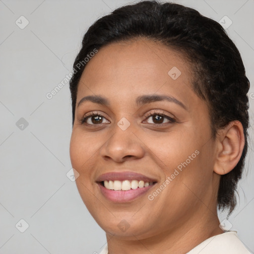 Joyful white young-adult female with medium  brown hair and brown eyes