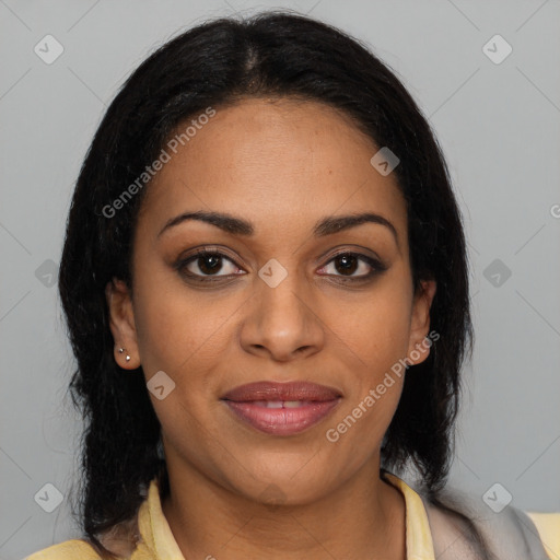 Joyful latino young-adult female with medium  black hair and brown eyes