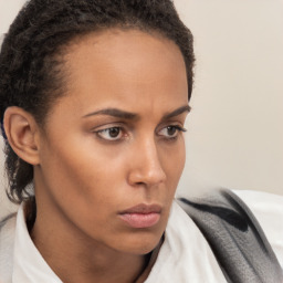 Neutral white young-adult female with short  brown hair and brown eyes