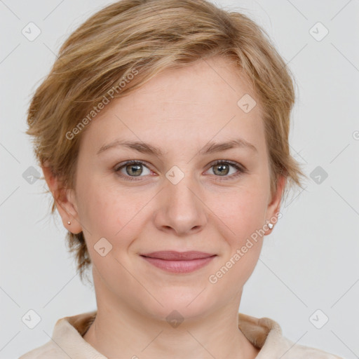 Joyful white young-adult female with medium  brown hair and blue eyes