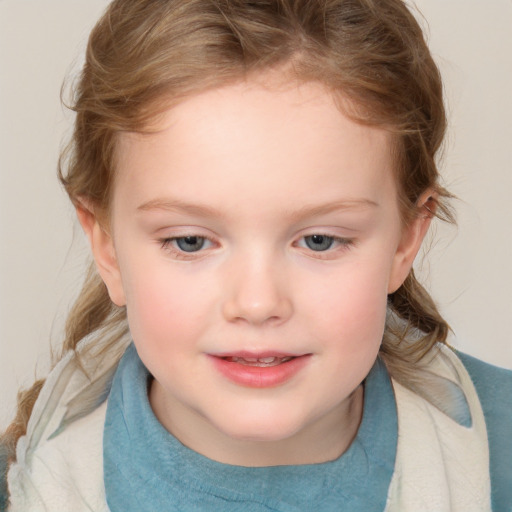 Joyful white child female with medium  brown hair and blue eyes