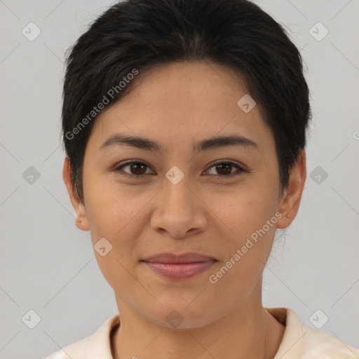 Joyful asian young-adult female with short  brown hair and brown eyes