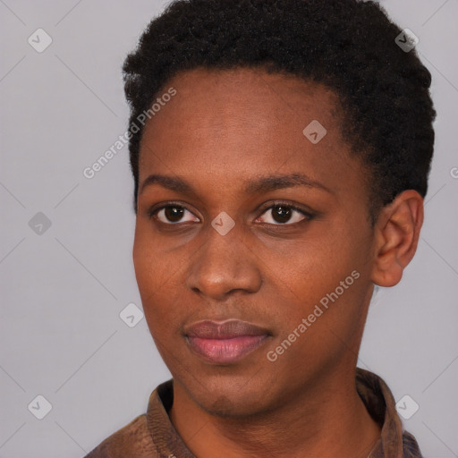 Neutral black young-adult female with short  black hair and brown eyes