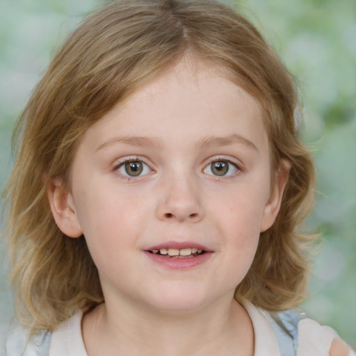 Joyful white child female with medium  brown hair and blue eyes