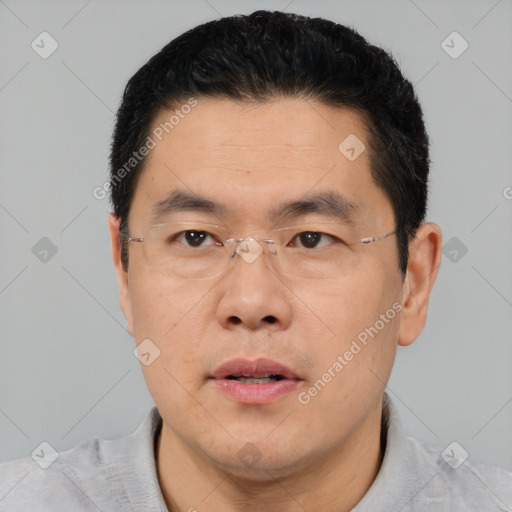 Neutral asian adult male with short  black hair and brown eyes