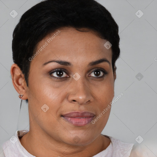 Joyful latino young-adult female with short  brown hair and brown eyes