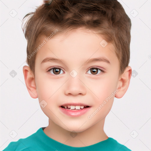 Joyful white child male with short  brown hair and brown eyes