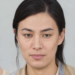 Neutral asian young-adult female with medium  brown hair and brown eyes