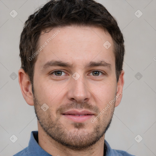 Neutral white young-adult male with short  brown hair and grey eyes