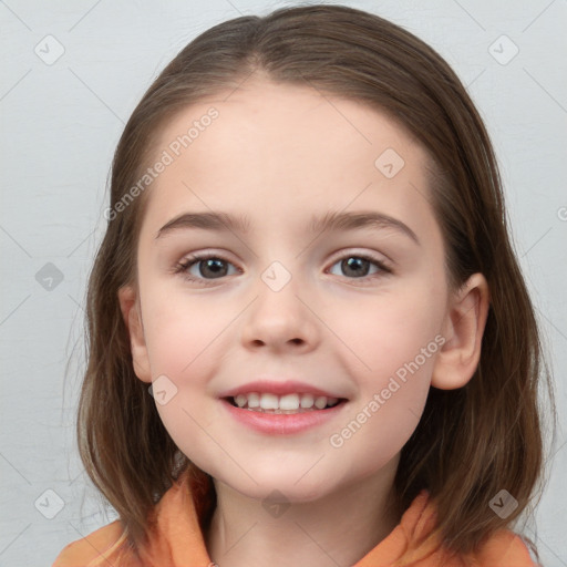 Joyful white child female with medium  brown hair and brown eyes