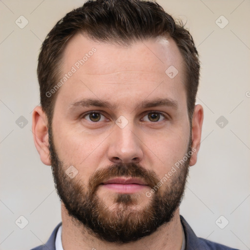 Neutral white young-adult male with short  brown hair and brown eyes