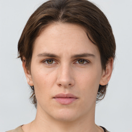 Neutral white young-adult female with short  brown hair and brown eyes