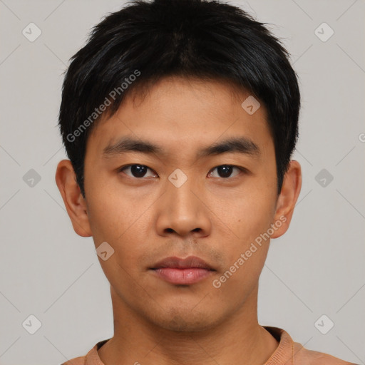 Neutral asian young-adult male with short  black hair and brown eyes