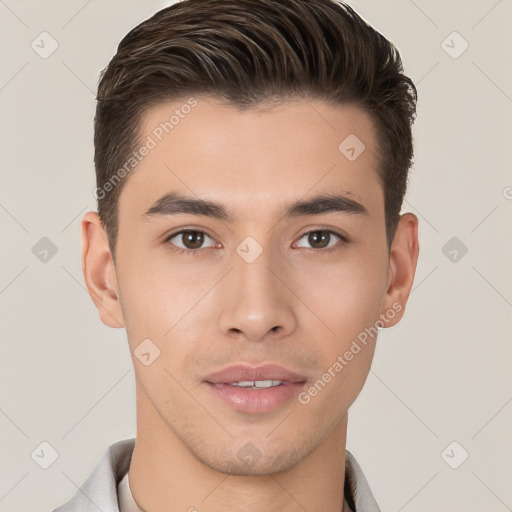 Neutral white young-adult male with short  brown hair and brown eyes