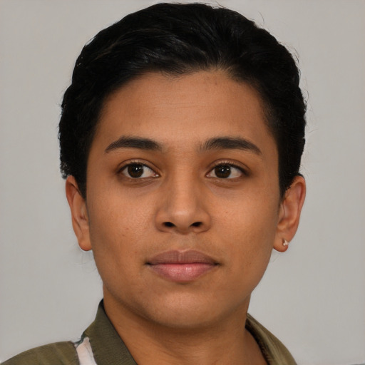 Neutral latino young-adult female with short  brown hair and brown eyes