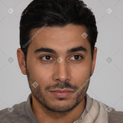 Neutral latino young-adult male with short  black hair and brown eyes