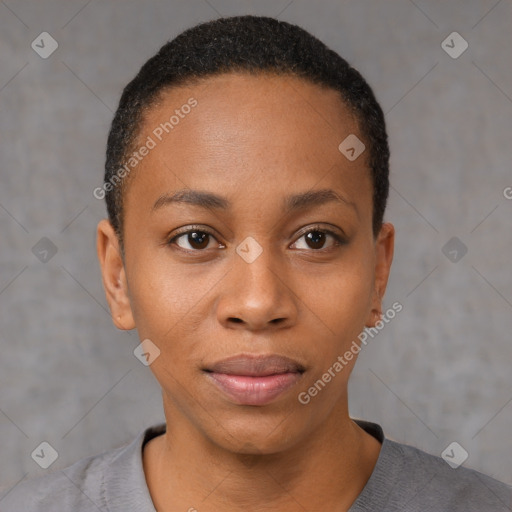 Neutral black young-adult female with short  black hair and brown eyes