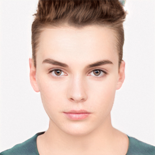 Neutral white young-adult female with short  brown hair and brown eyes