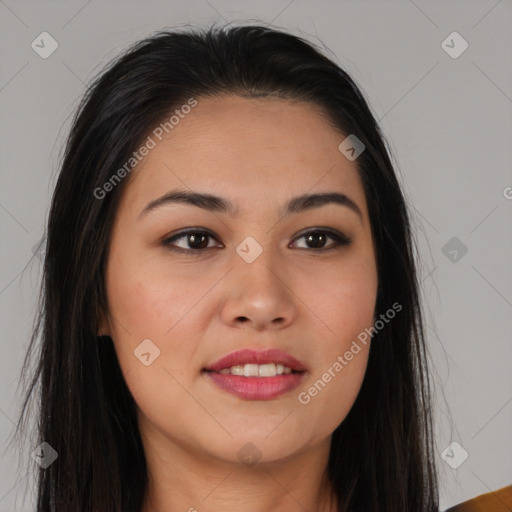 Joyful asian young-adult female with long  brown hair and brown eyes