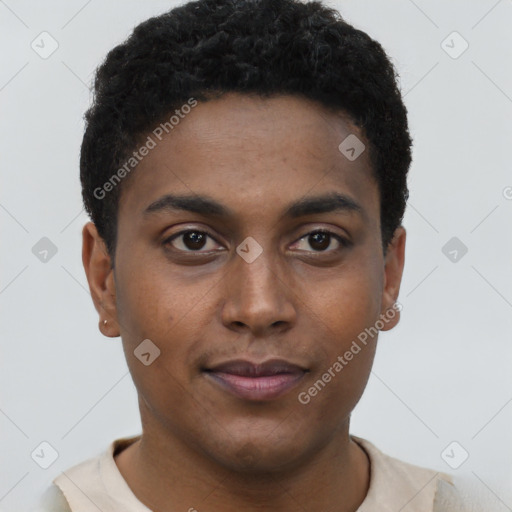 Neutral black young-adult male with short  brown hair and brown eyes