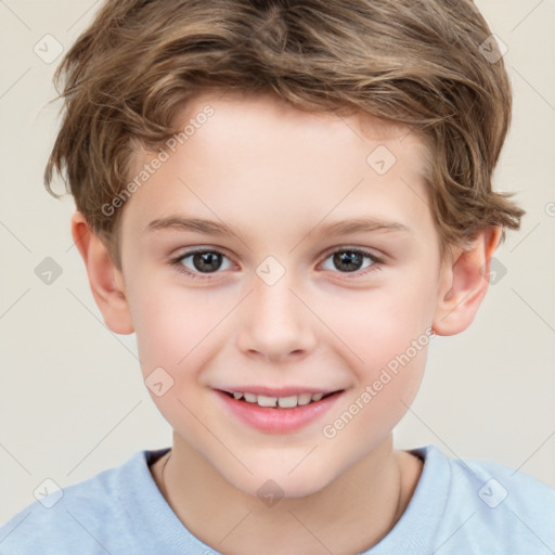 Joyful white child male with short  brown hair and brown eyes