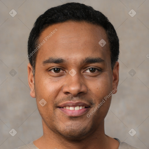 Joyful latino young-adult male with short  black hair and brown eyes